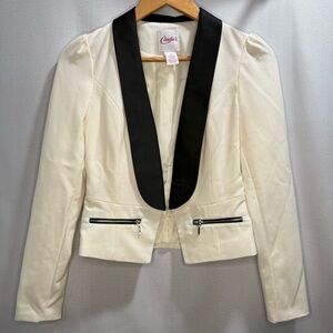 Candie’s White Blazer XS Black Lapel Tuxedo Style with Bow Back